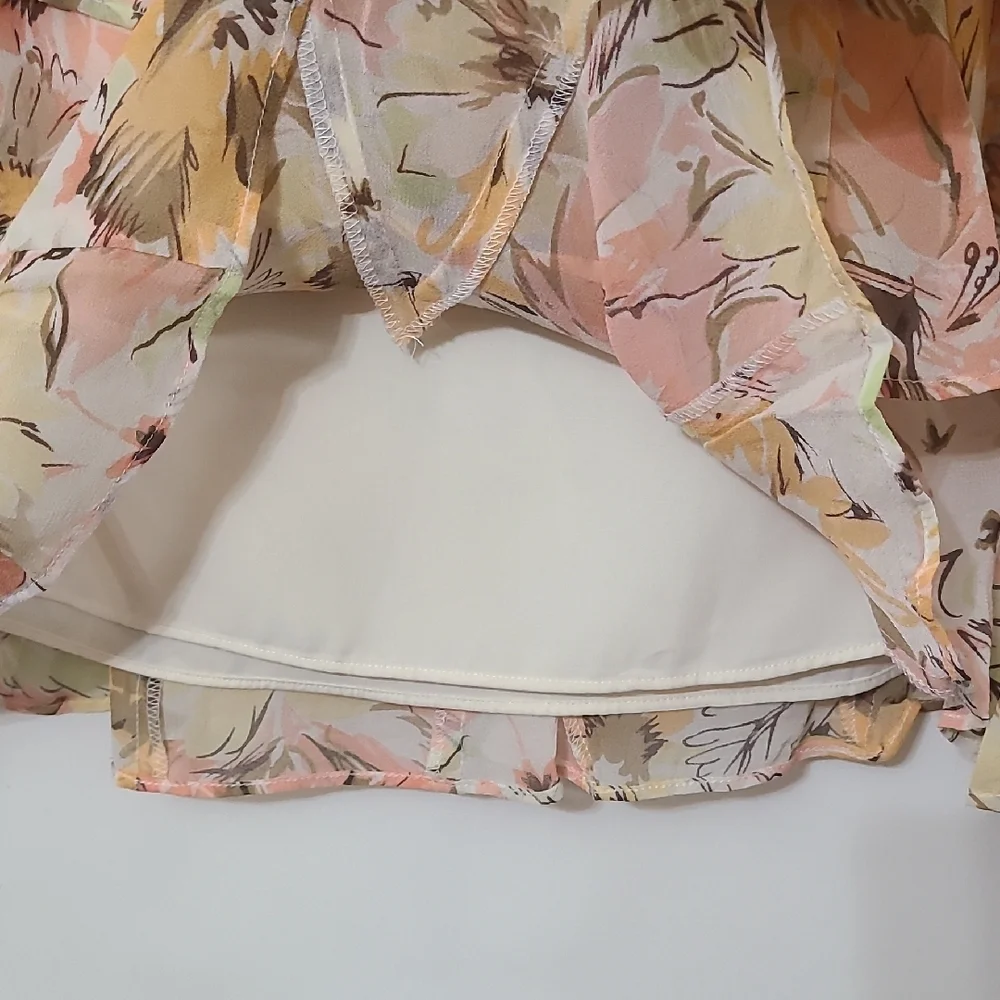 Ann Taylor Loft Women's Peach Floral 100% Silk‎ Tiered Ruffle Lined Skirt 6 NEW